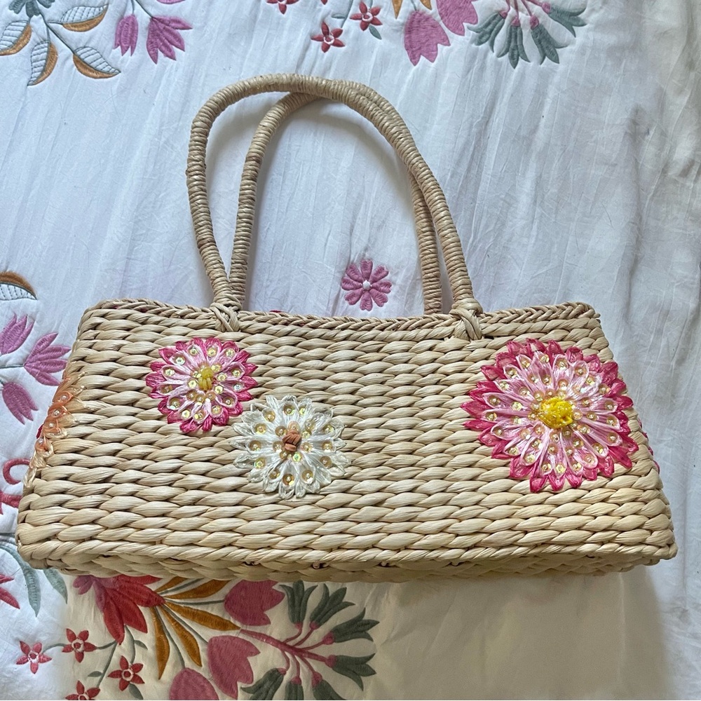Vintage Y2K Moda International Floral Beaded Woven Straw Bag
